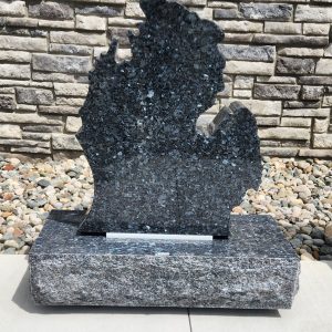 Michigan shaped Headstone Blue Pearl Granite with Base